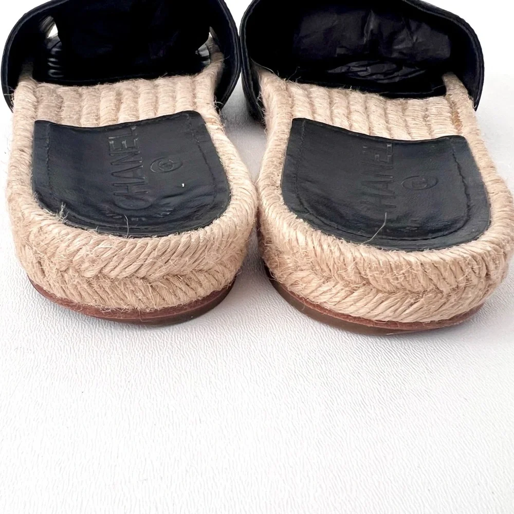 CHANEL | Pearl Embellished CC Logo Black Leather Espadrille Slide Sandals EU 37 - Picture 9 of 14